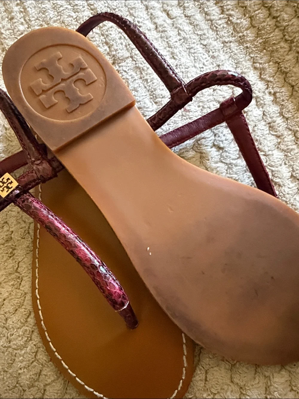 Tory Burch Alfie Snakeskin Leather Sandals with Gold Logo